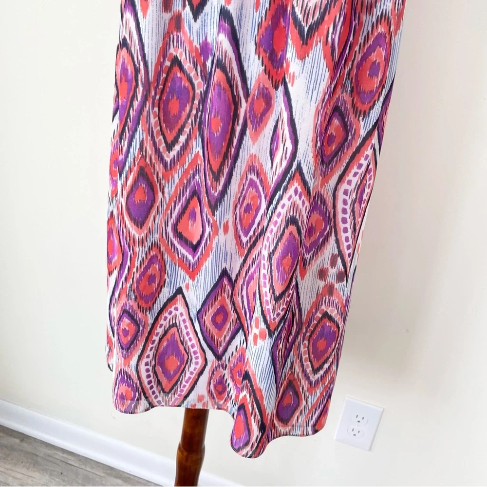 Trina Turk Mao Printed Purple Pink Smocked Midi Dress Mock Neck Sleeveless 4